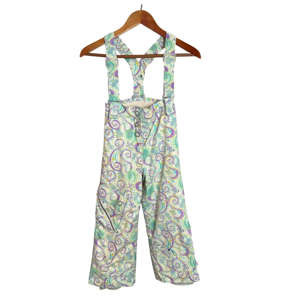 Obermeyer I-Grow Snow Pants Kids 6 White Paisley Butterfly Insulated Ski Bib